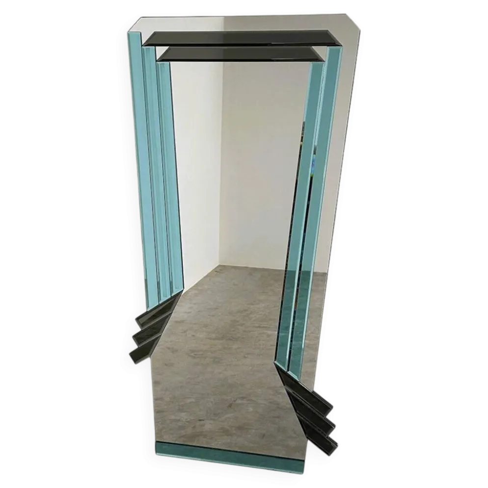 Miroir géométrique postmoderne avec verre fumé bleu et gris foncé, années 1980
