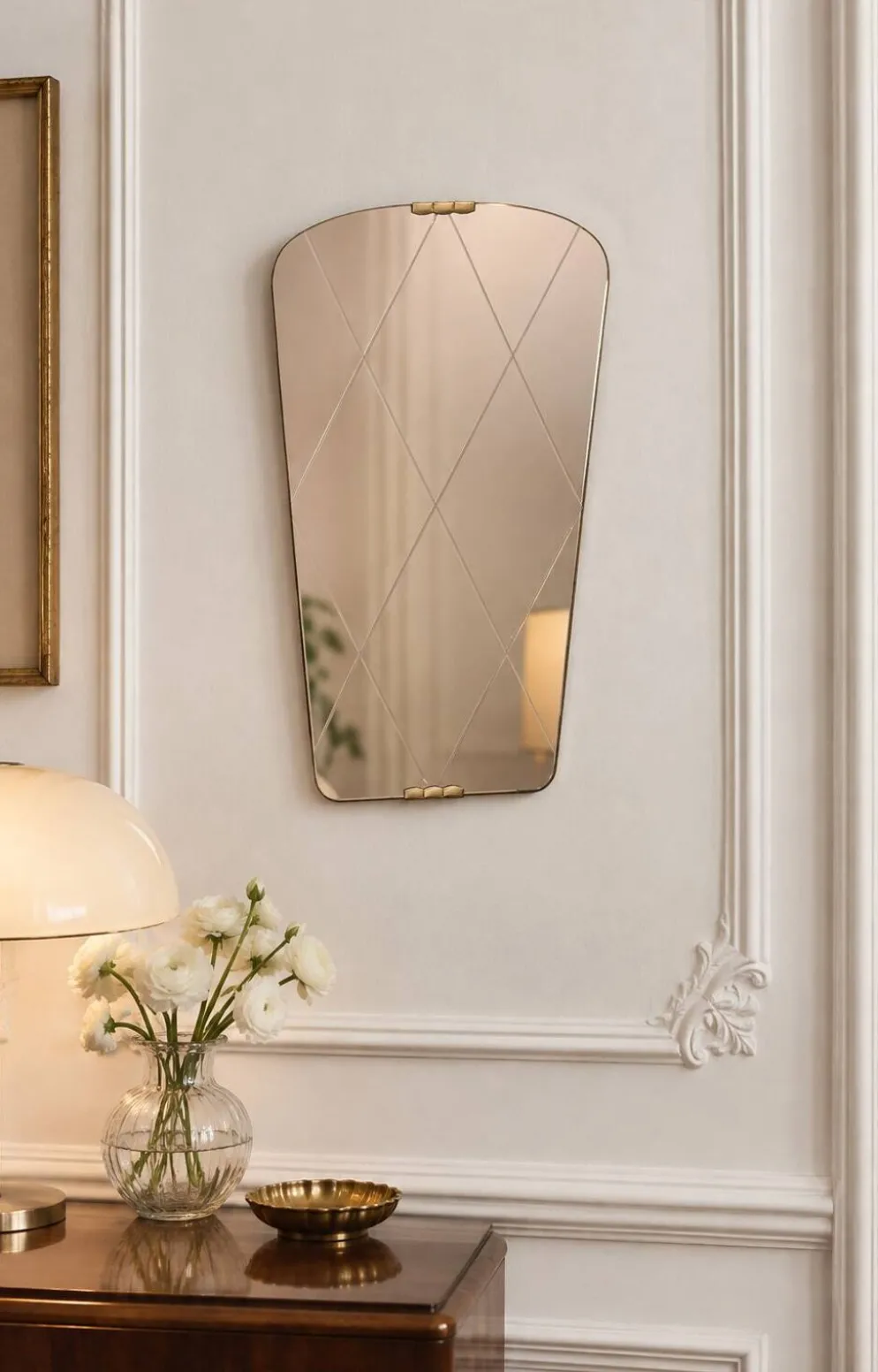 Miroir gravé Art Déco en laiton, années 1950
