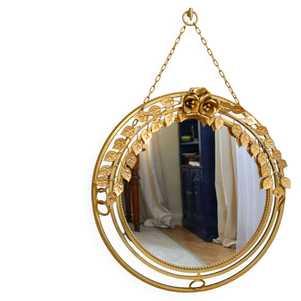 Miroir lumineux rond vintage en métal doré à décor de roses