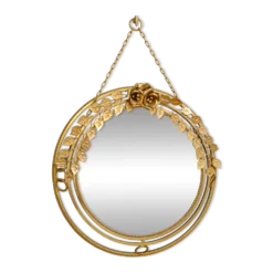 Miroir lumineux rond vintage en métal doré à décor de roses