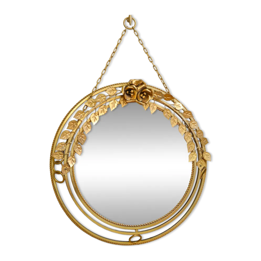 Miroir lumineux rond vintage en métal doré à décor de roses