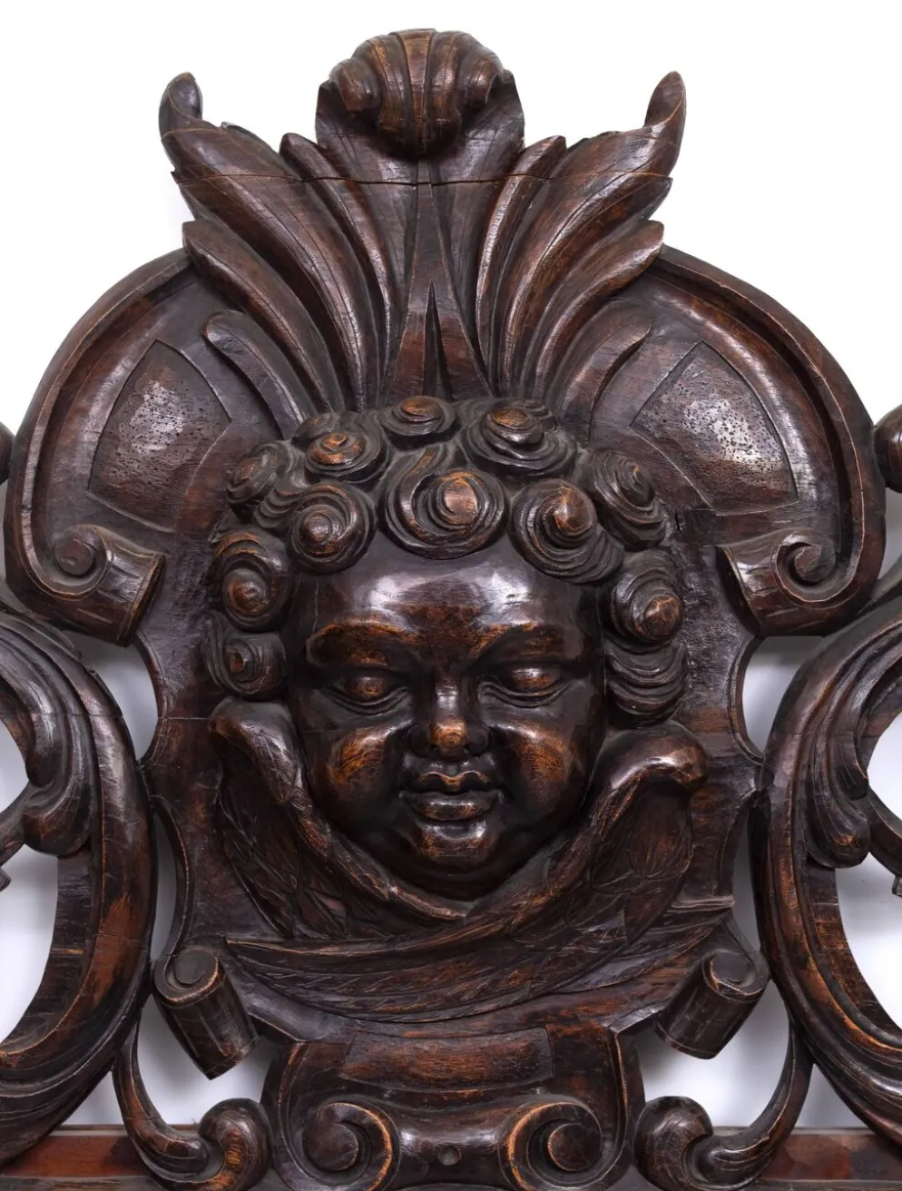 Miroir monumental ancien du XVIIIe siècle en chêne, orné d'un chérubin, de Hollande.
