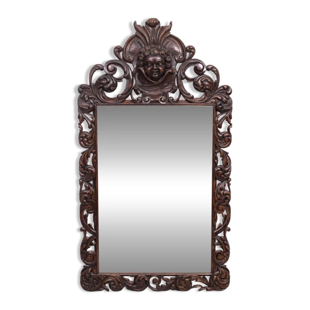 Miroir monumental ancien du XVIIIe siècle en chêne, orné d'un chérubin, de Hollande.