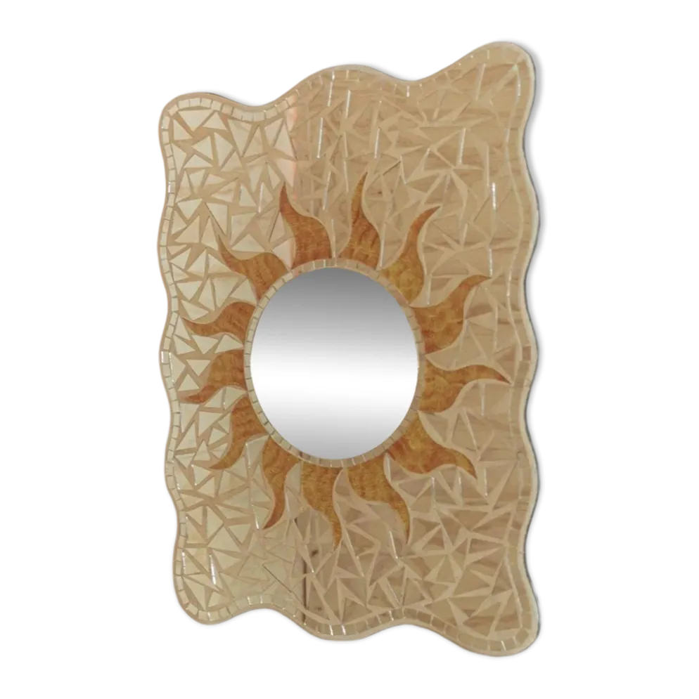 Miroir mosaïque vintage motif soleil - Pièce unique Italie années 1970 - Beaux détails, très décoratif, style bohème, idée cadeau