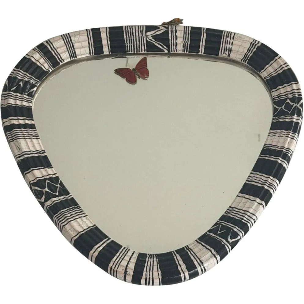Miroir mural de petite taille, triangle rond en céramique noir et blanc, années 1950, Allemagne
