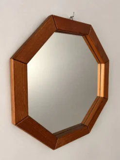 Miroir mural en bois octogonal vintage – design géométrique des années 1970