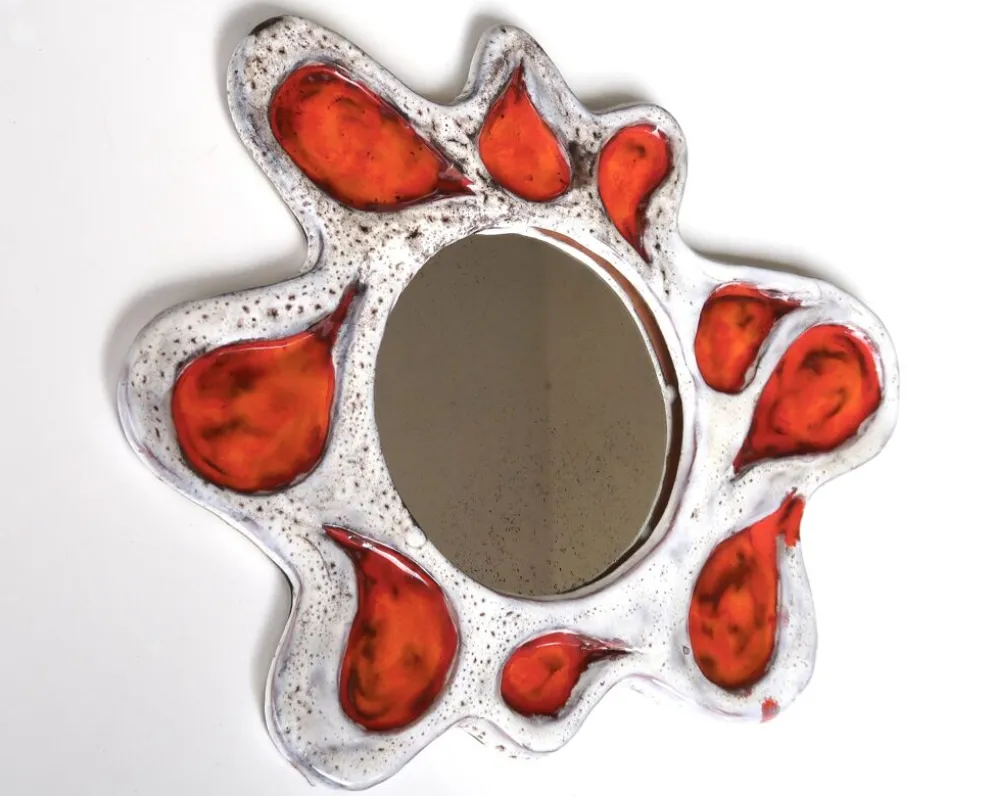 Miroir mural en céramique orange et gris, Vallauris années 60