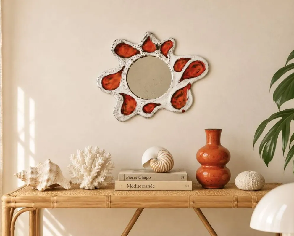 Miroir mural en céramique orange et gris, Vallauris années 60