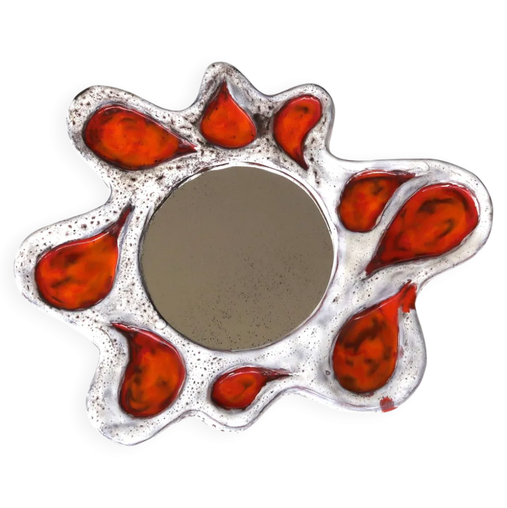 Miroir mural en céramique orange et gris, Vallauris années 60