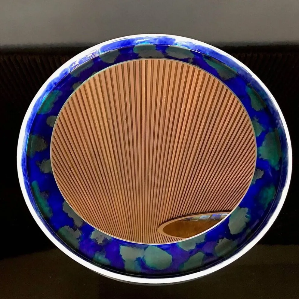 Miroir mural en céramique rond peint à la main, Allemagne années 1960