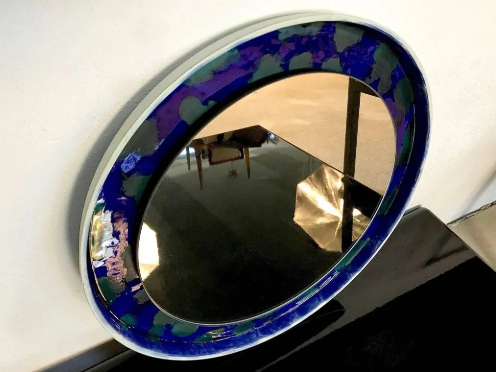 Miroir mural en céramique rond peint à la main, Allemagne années 1960