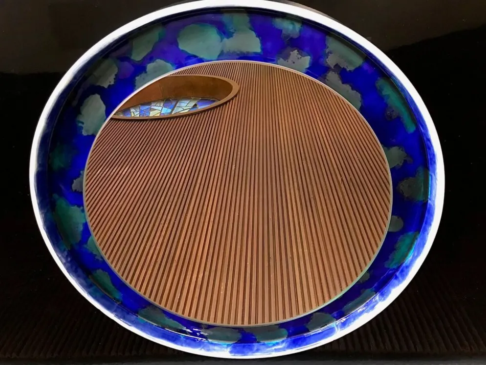 Miroir mural en céramique rond peint à la main, Allemagne années 1960