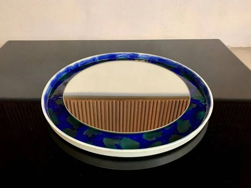 Miroir mural en céramique rond peint à la main, Allemagne années 1960