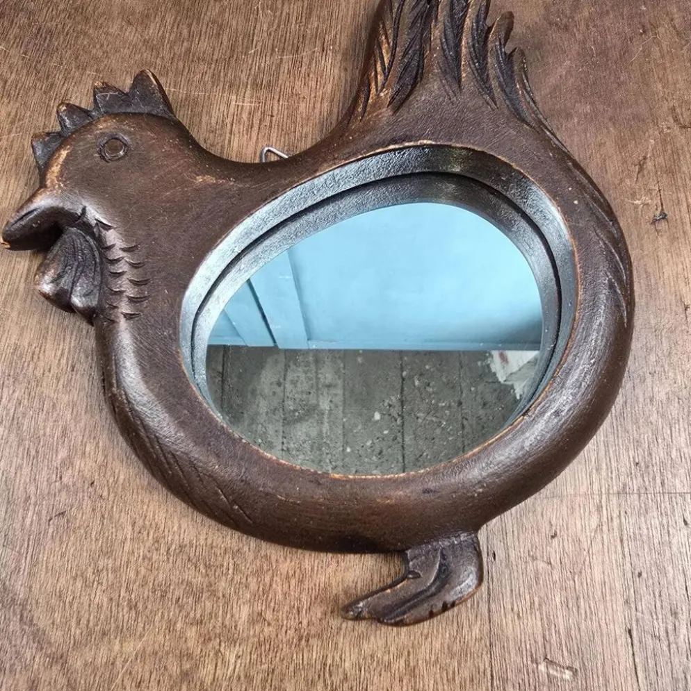 Miroir mural en forme de poule, bois sculpté vintage