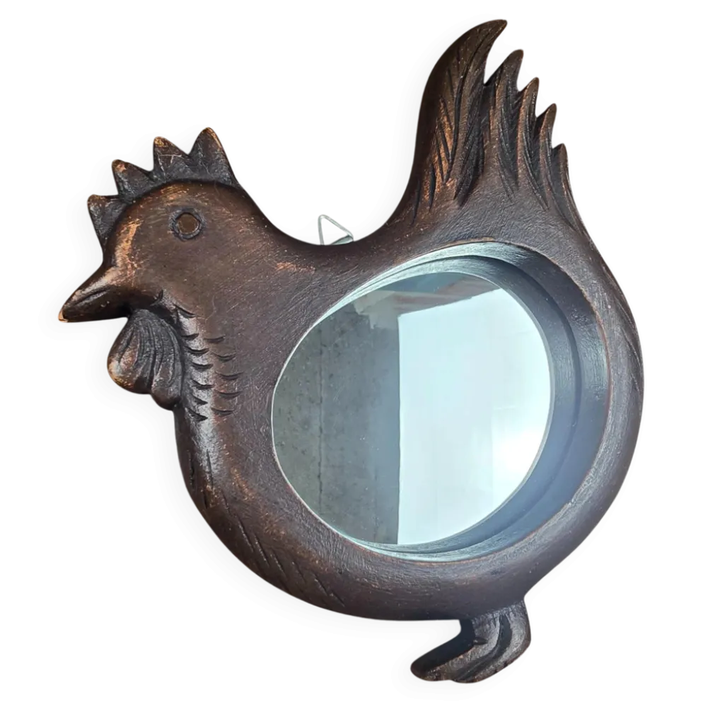 Miroir mural en forme de poule, bois sculpté vintage