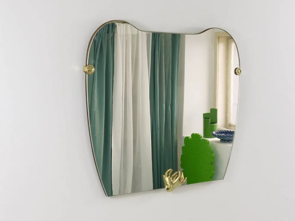 Miroir mural en laiton sculptural, Italie, années 1950
