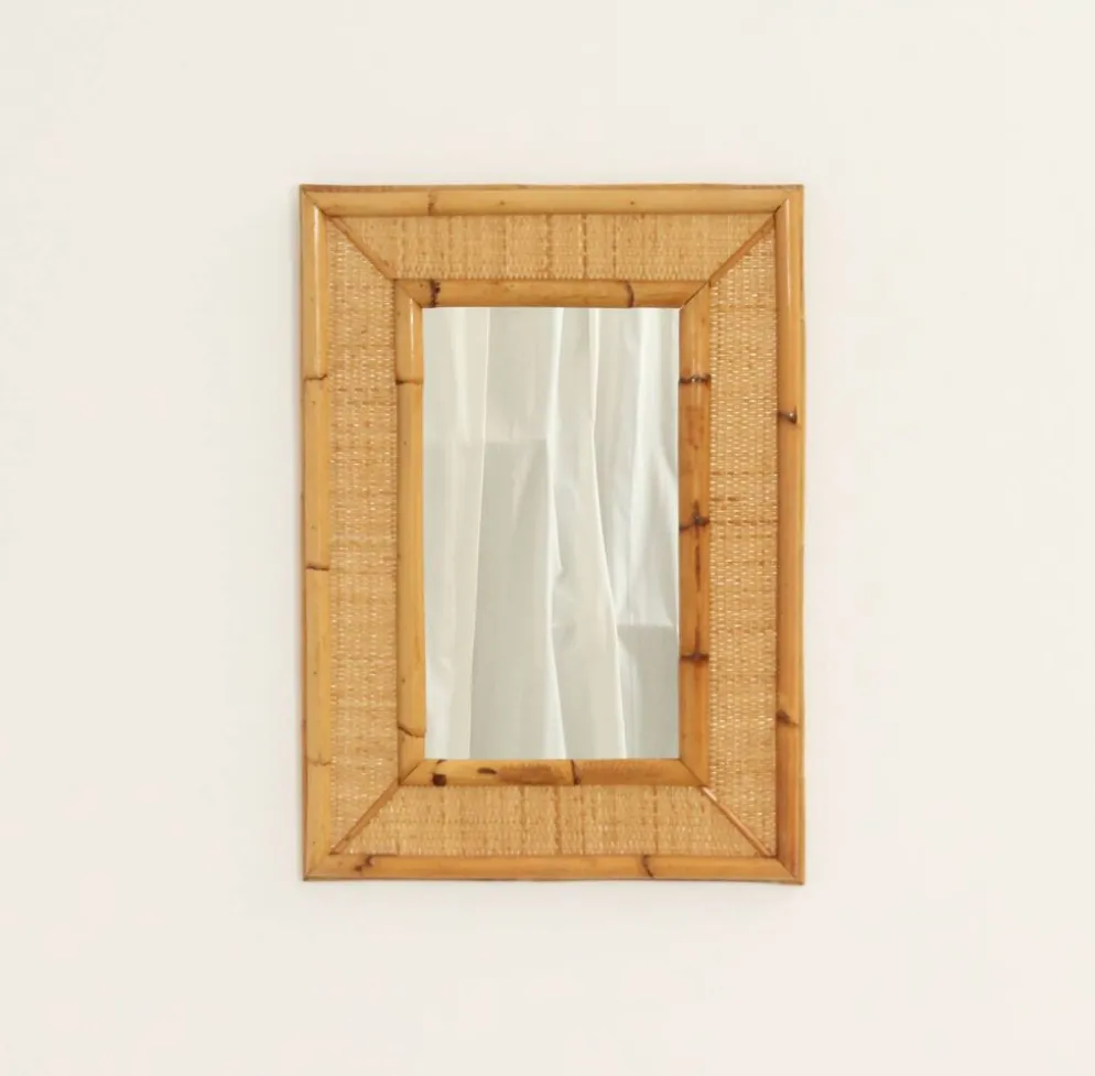 Miroir mural en rotin et canne des années 1970's, Espagne
