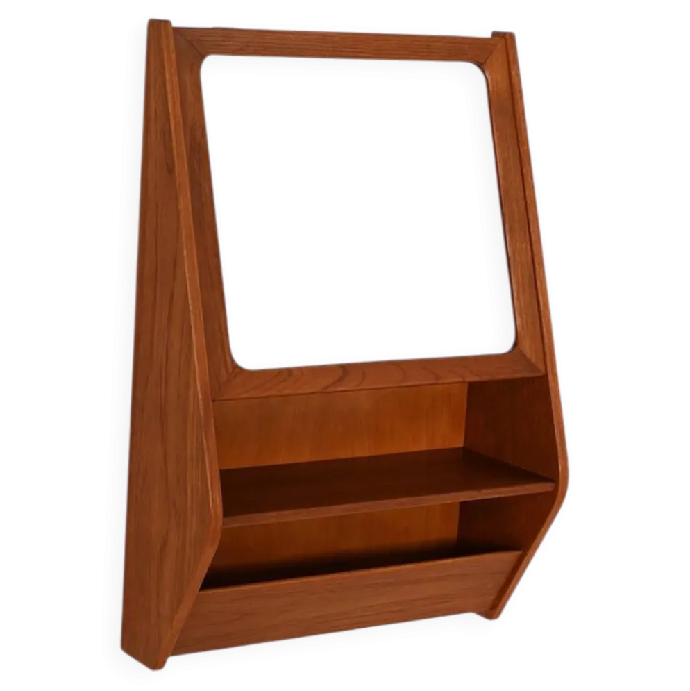 Miroir mural en teck scandinave avec compartiment de rangement, années 1960