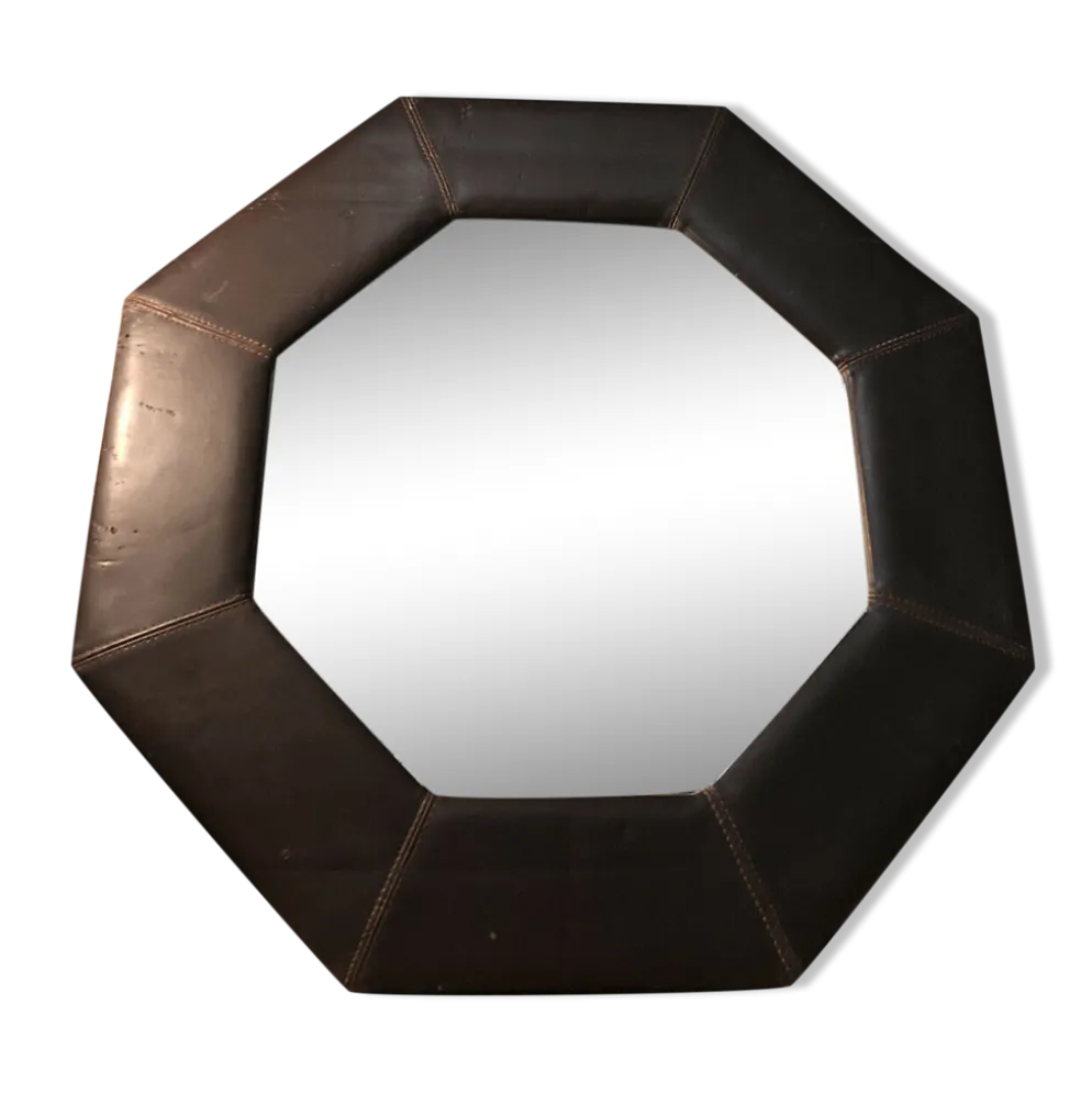 Miroir mural octogonal en cuir marron vintage 67,5x67,5 cm