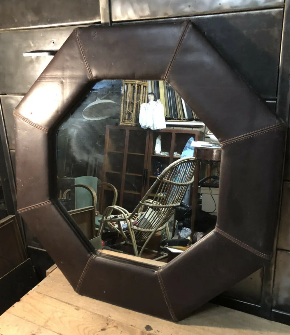 Miroir mural octogonal en cuir marron vintage 67,5x67,5 cm