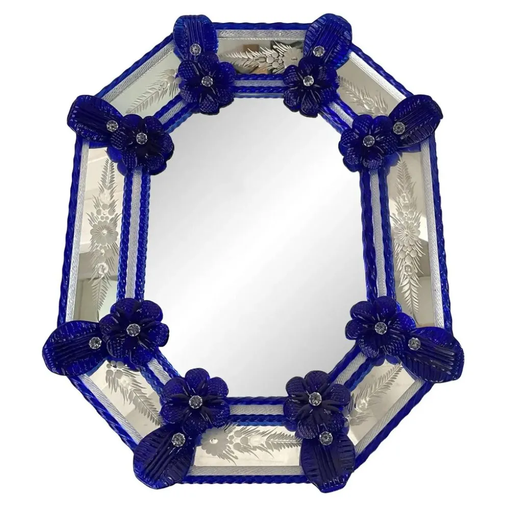 Miroir mural octogonal italien en verre de Murano vénitien avec motif floral bleu peint à la main
