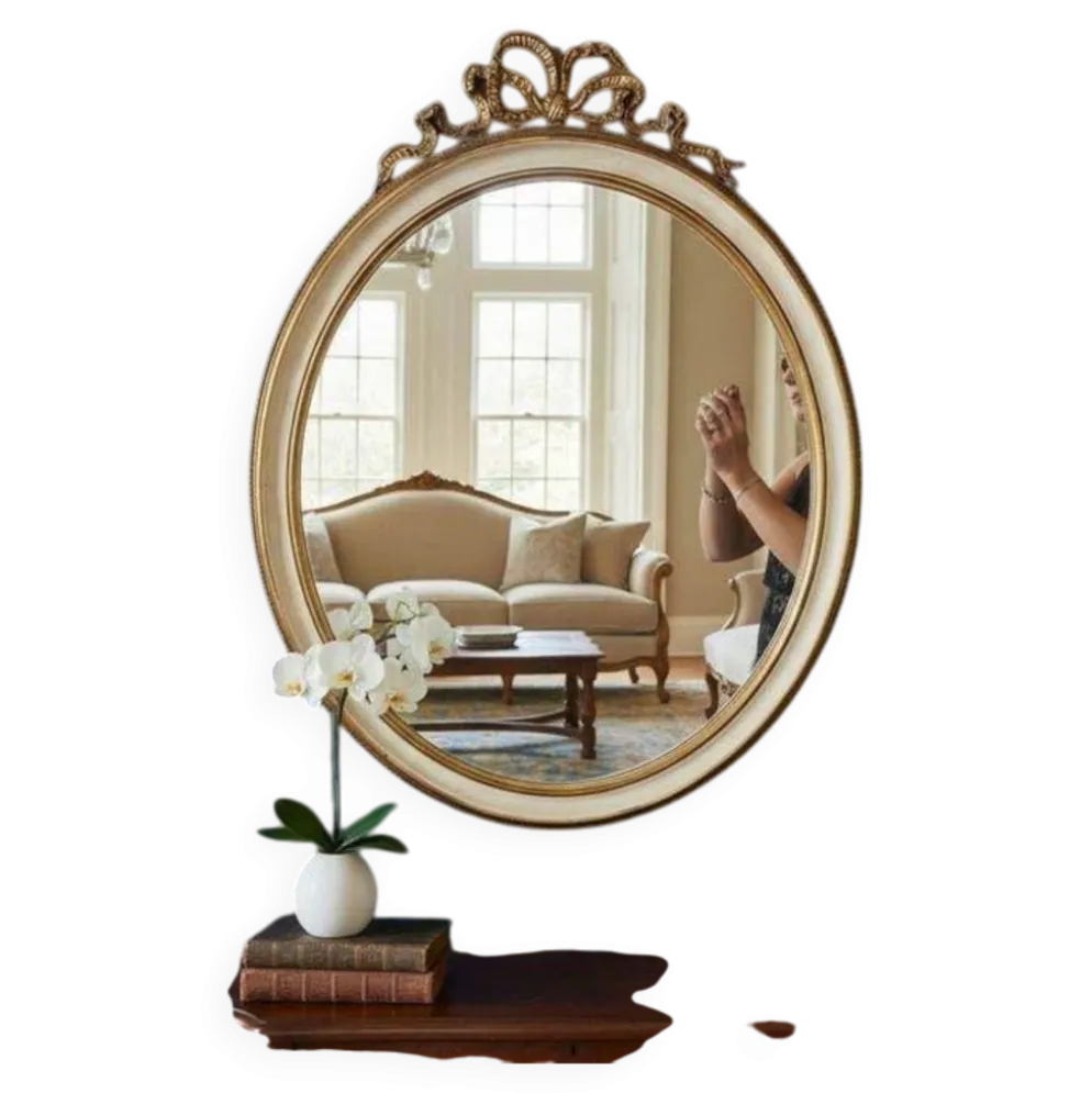 Miroir mural ovale baroque vintage à décor de noeud