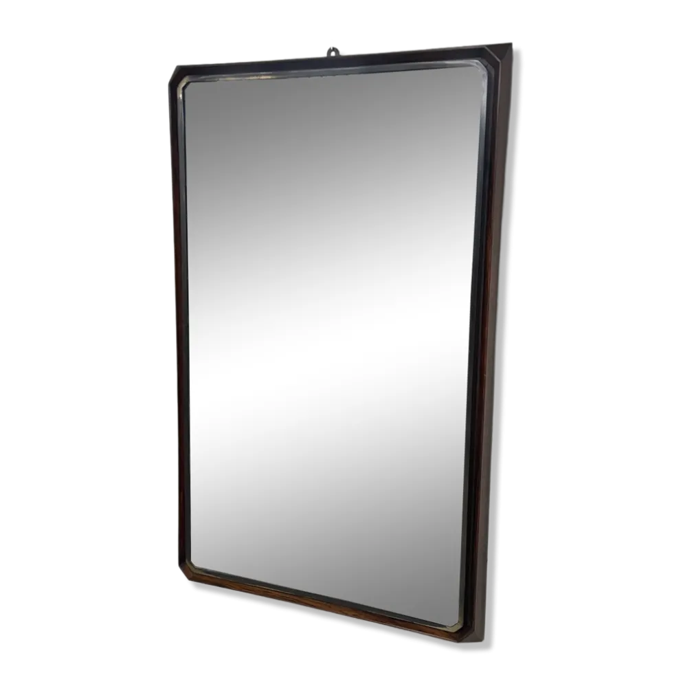 Miroir mural rectangulaire des années 50 en bois et en laiton.