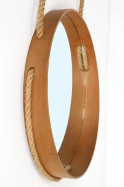 Miroir mural rond du milieu du siècle / hêtre / sisal / design danois moderne / années 1970