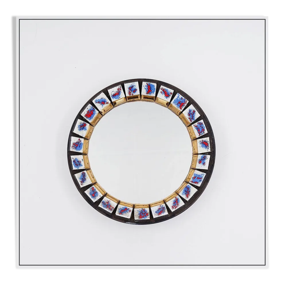 Miroir mural rond en céramique, Belgique, 1970
