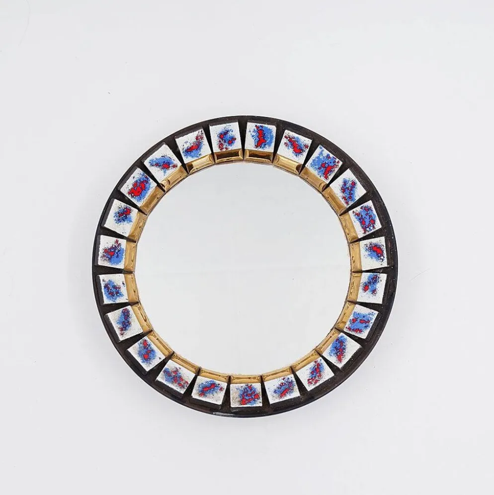 Miroir mural rond en céramique, Belgique, 1970