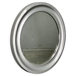 Miroir mural rond italien des années 1970 avec cadre argenté