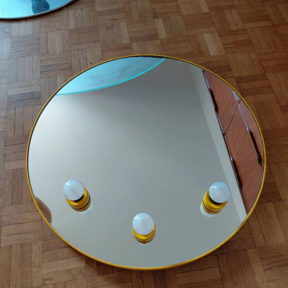 Miroir mural rond lumineux Gedy Space Age jaune – Italie, années 1970