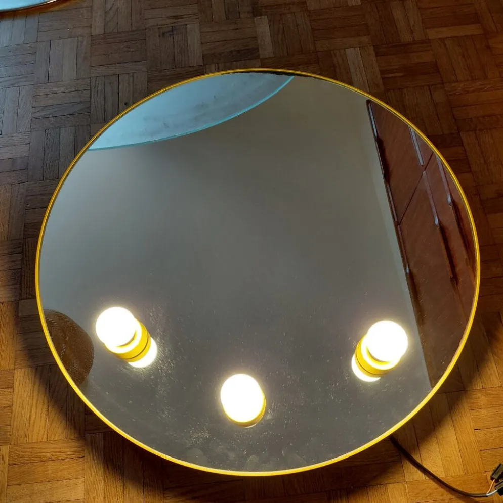 Miroir mural rond lumineux Gedy Space Age jaune – Italie, années 1970