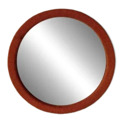 Miroir mural rond orange corail en bois recouvert de tissu - style Mid‑Century, 1950s