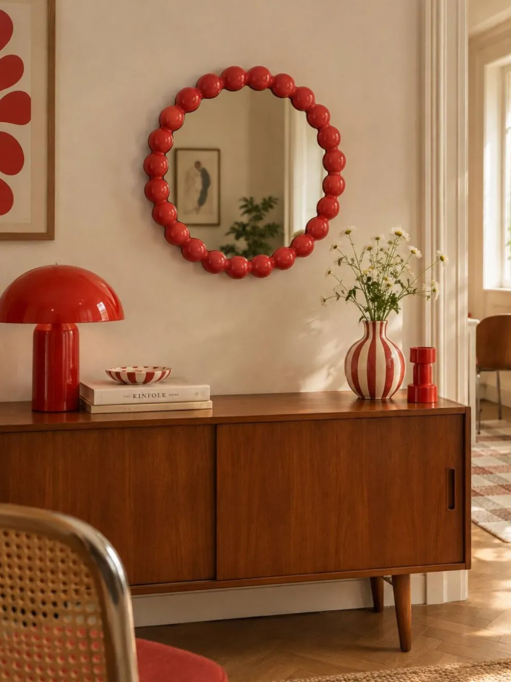 Miroir mural rond perles rouges style design vintage rétro