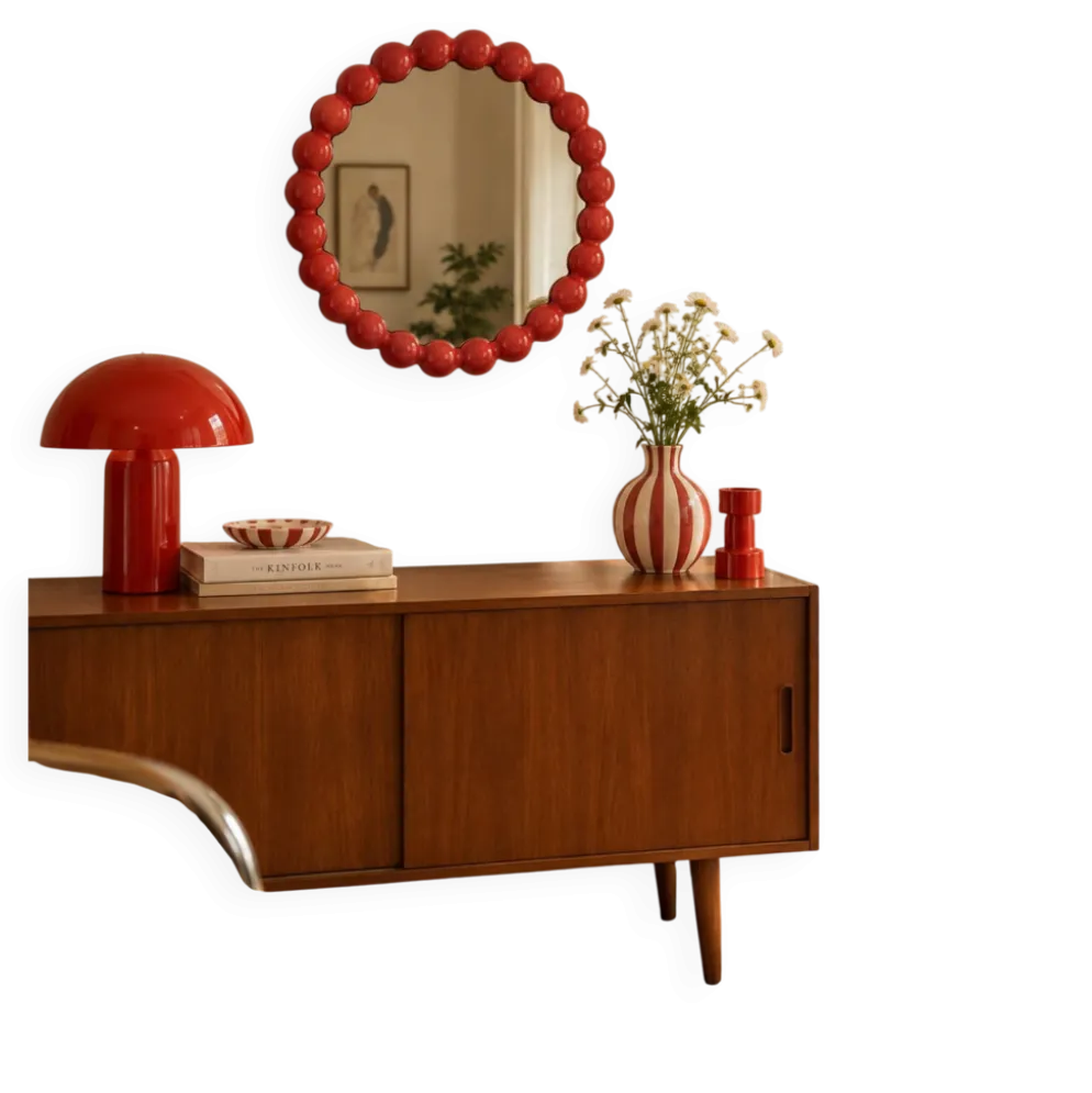 Miroir mural rond perles rouges style design vintage rétro