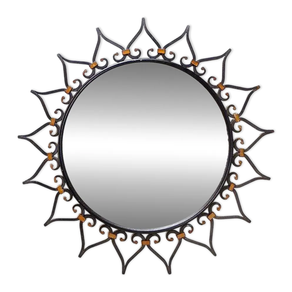 Miroir mural soleil en fer forgé avec motif cœur - 1960s