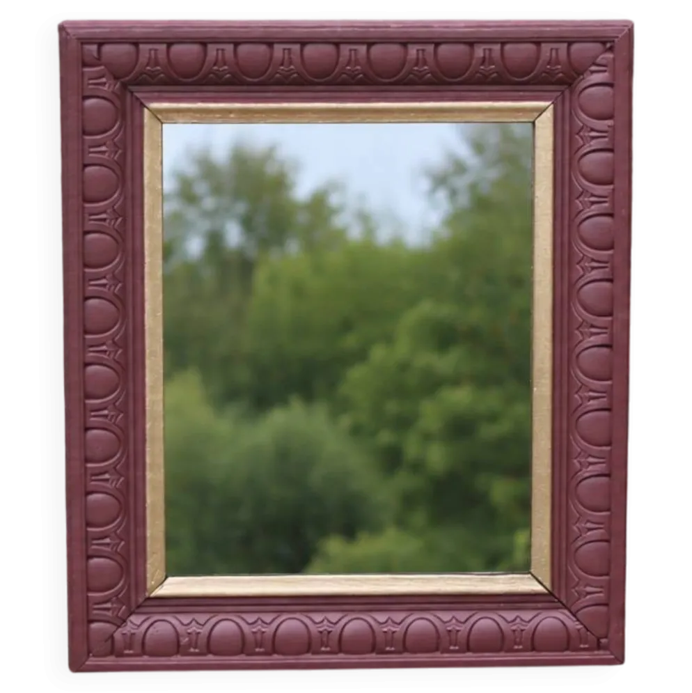 Miroir mural vintage en bois sculpté bordeaux et doré – style Art déco – H4