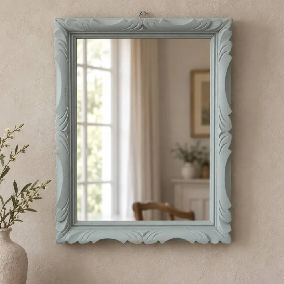 Miroir mural vintage en bois sculpté bleu-vert – style rocaille – H48 cm