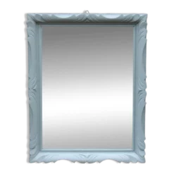 Miroir mural vintage en bois sculpté bleu-vert – style rocaille – H48 cm