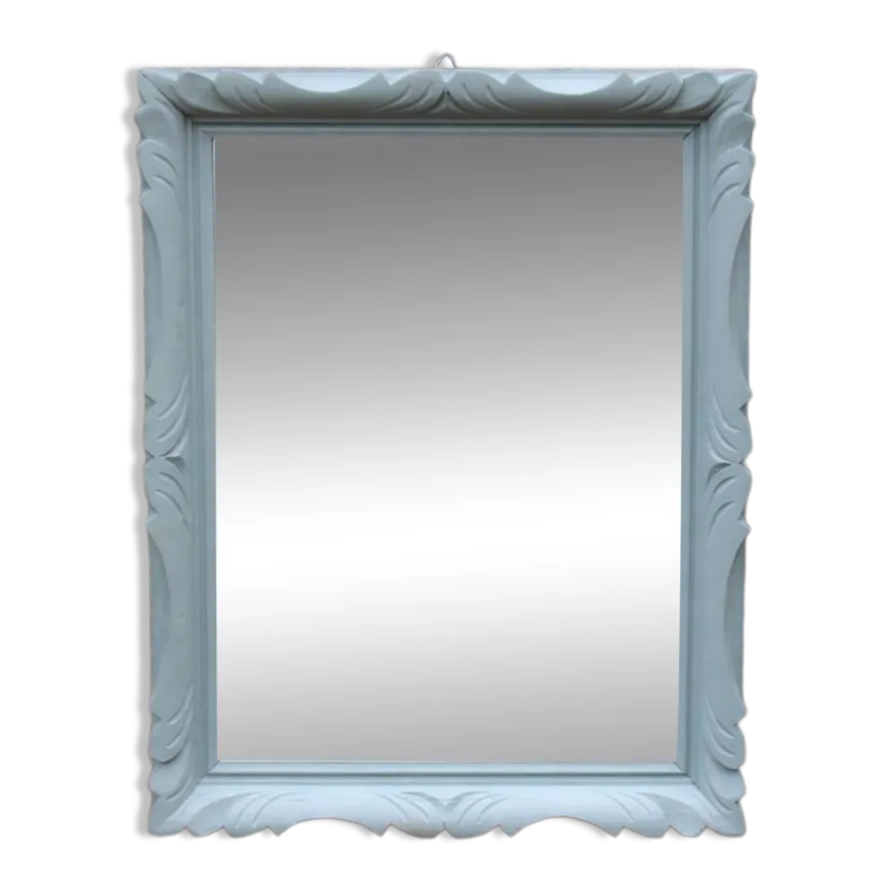 Miroir mural vintage en bois sculpté bleu-vert – style rocaille – H48 cm