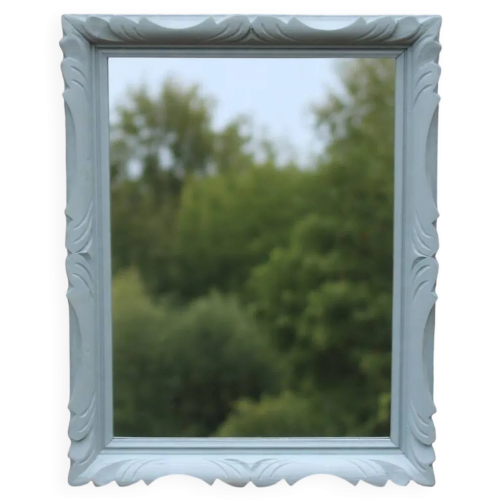 Miroir mural vintage en bois sculpté bleu-vert – style rocaille – H48 cm