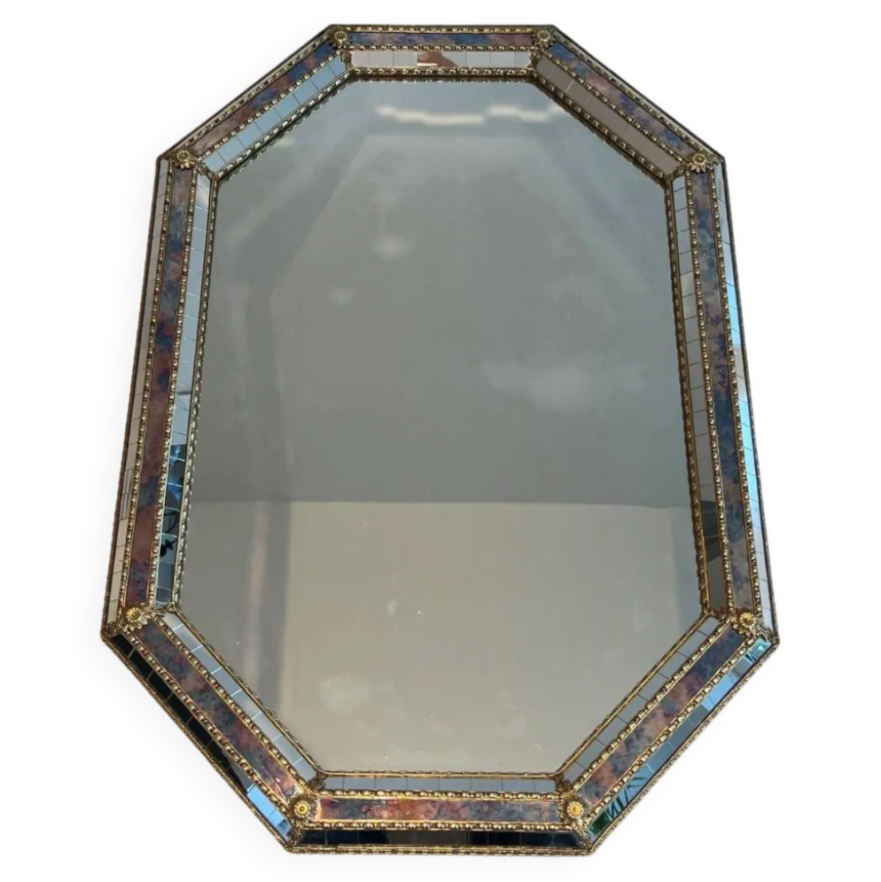 Miroir Octogonal à Facettes et Guirlandes de Laiton — Travail Français, Ver