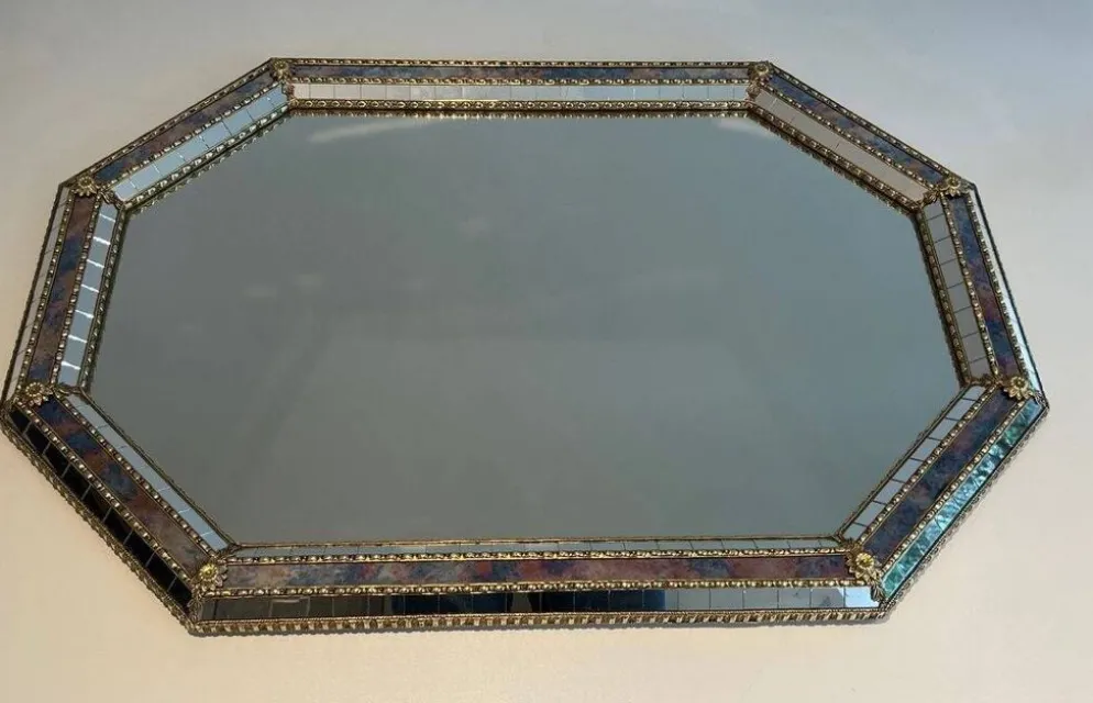 Miroir Octogonal à Facettes et Guirlandes de Laiton — Travail Français, Ver