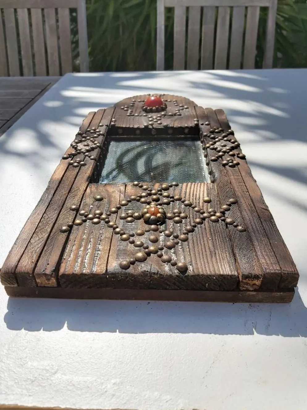 Miroir oriental brutaliste en bois 23x53cm