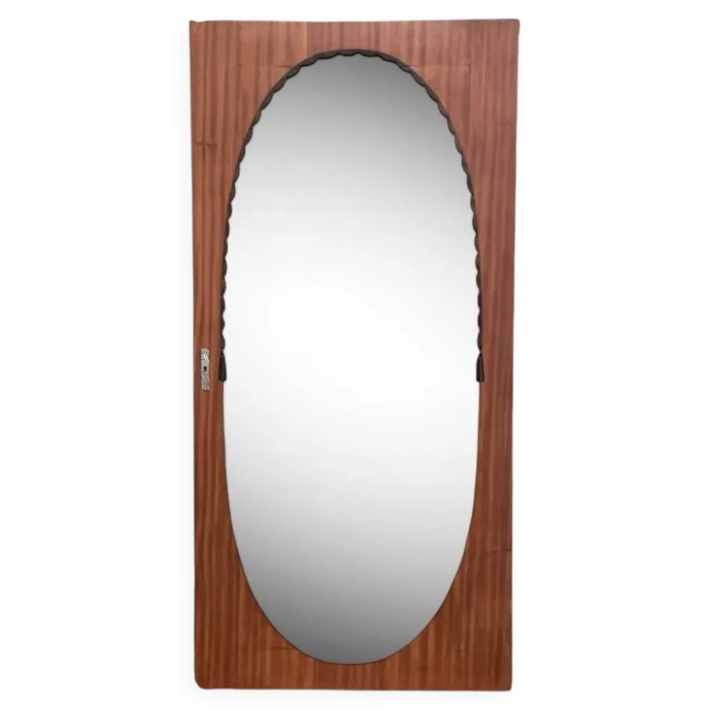Miroir oval biseauté sur porte art déco Acajou 79x162