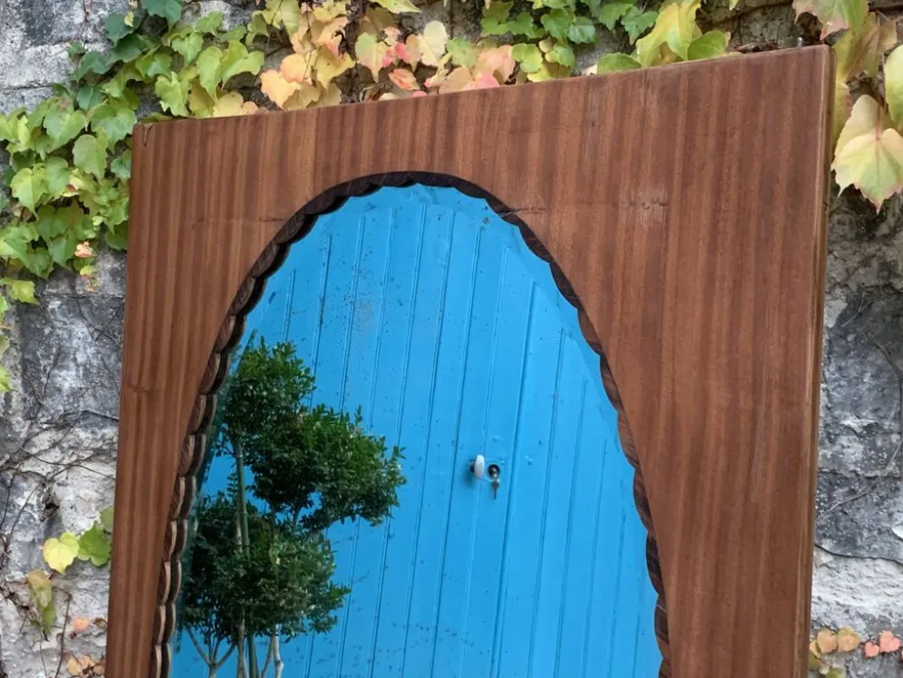 Miroir oval biseauté sur porte art déco Acajou 79x162