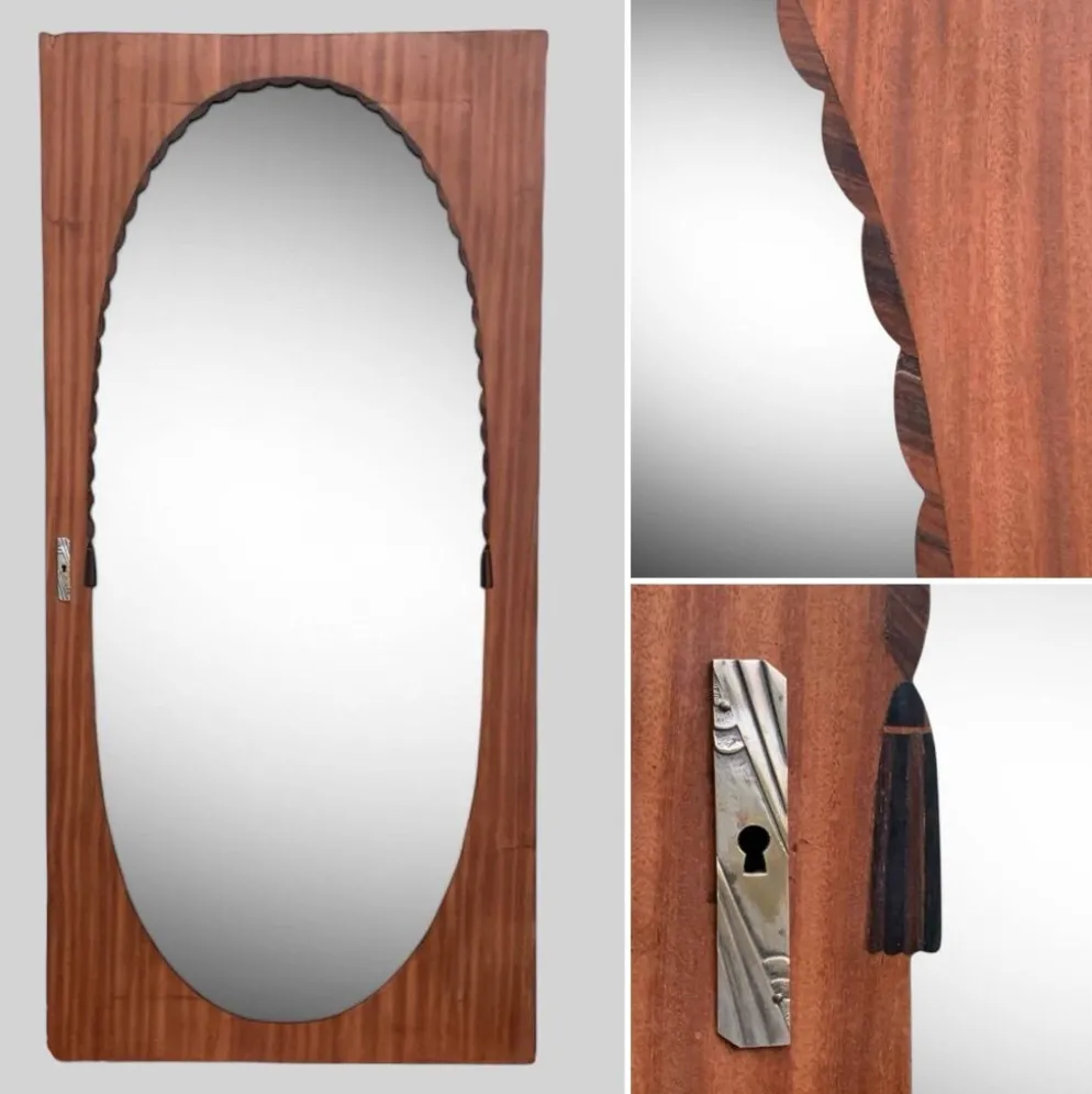 Miroir oval biseauté sur porte art déco Acajou 79x162