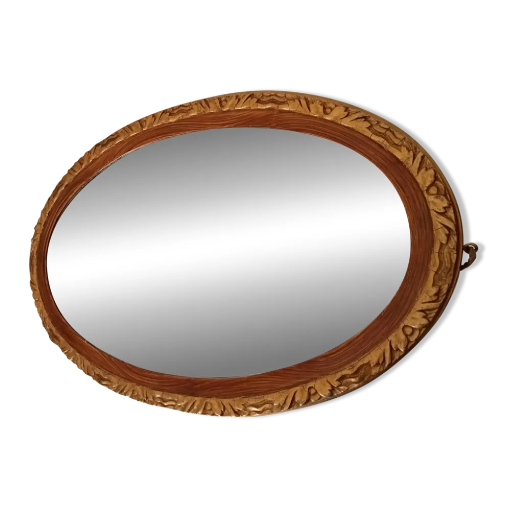 Miroir ovale ancien glace biseauté en bois et stuc XIXeme