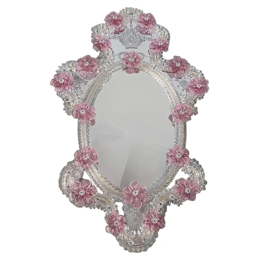 Miroir ovale floral rose vénitien classique en verre de Murano sculpté à la main